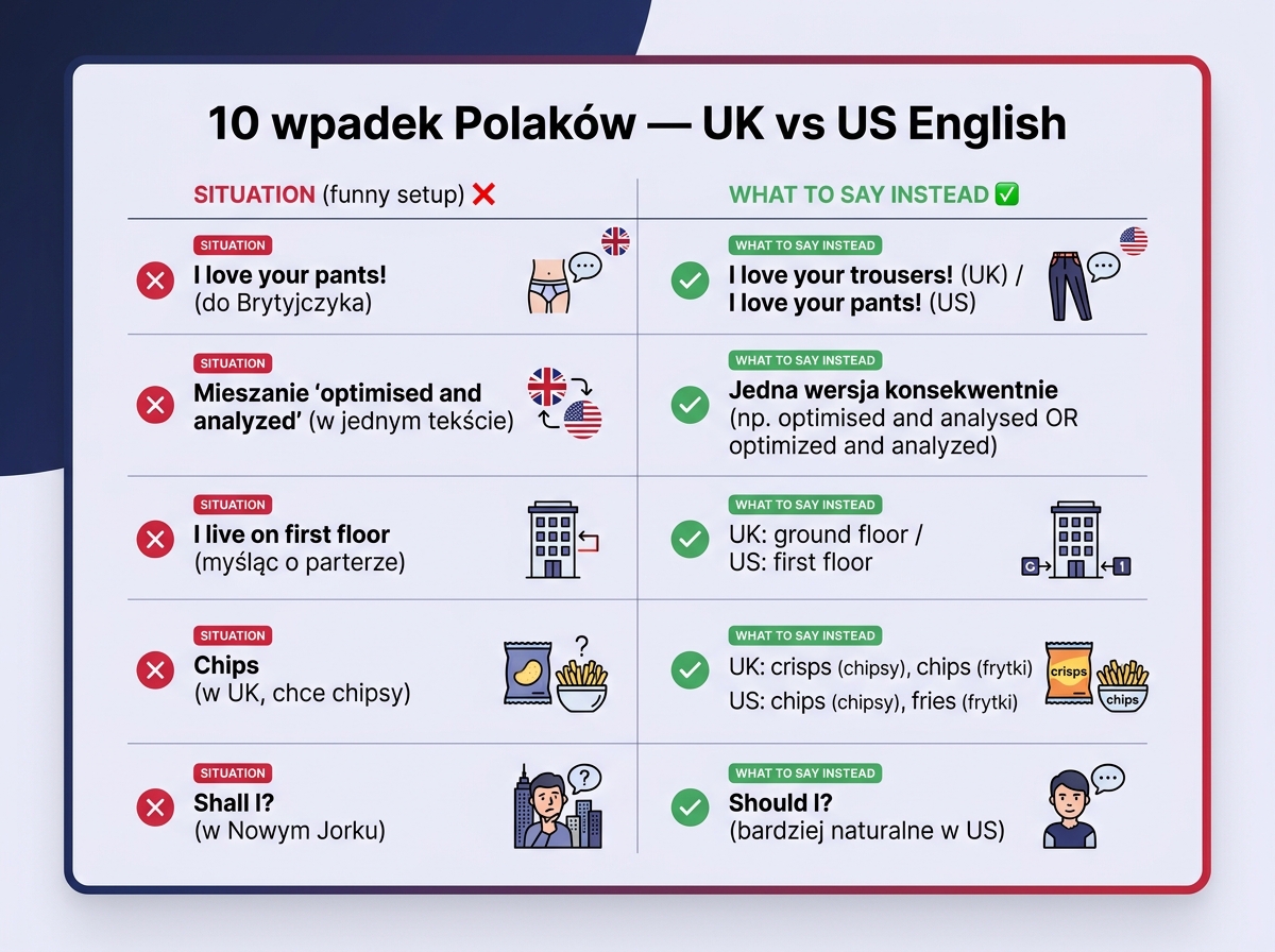 10 wpadek Polaków w British vs American English — I love your pants, first floor, chips w UK, shall w USA