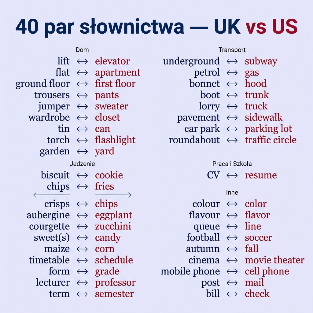 40 par słownictwa UK vs US — lift/elevator, flat/apartment, trousers/pants, chips/fries, petrol/gas