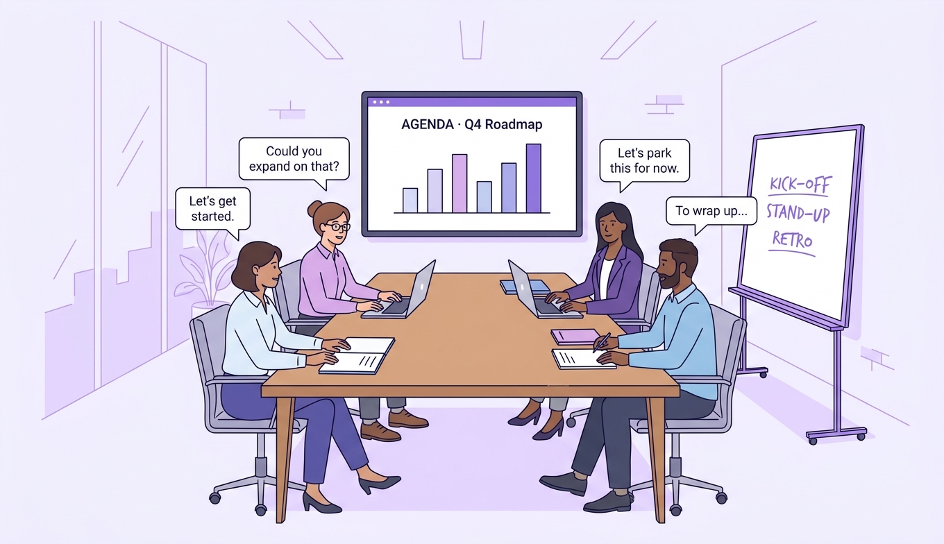 Spotkanie biznesowe po angielsku — zespół przy stole z zwrotami Let's get started, Could you expand on that, Let's park this, To wrap up