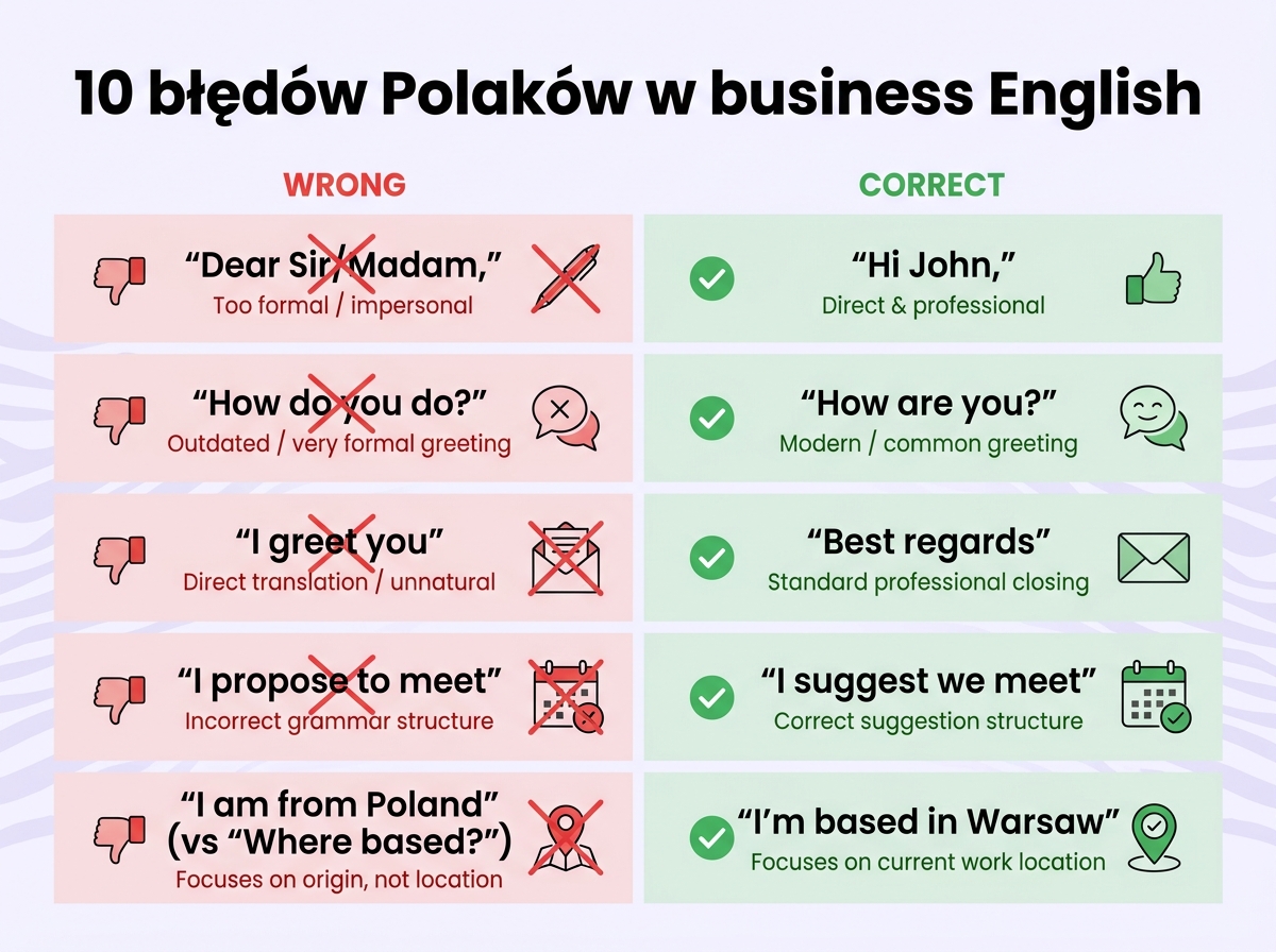 10 najczęstszych błędów Polaków w business English — Dear Sir/Madam, How do you do, I greet you, I propose to meet