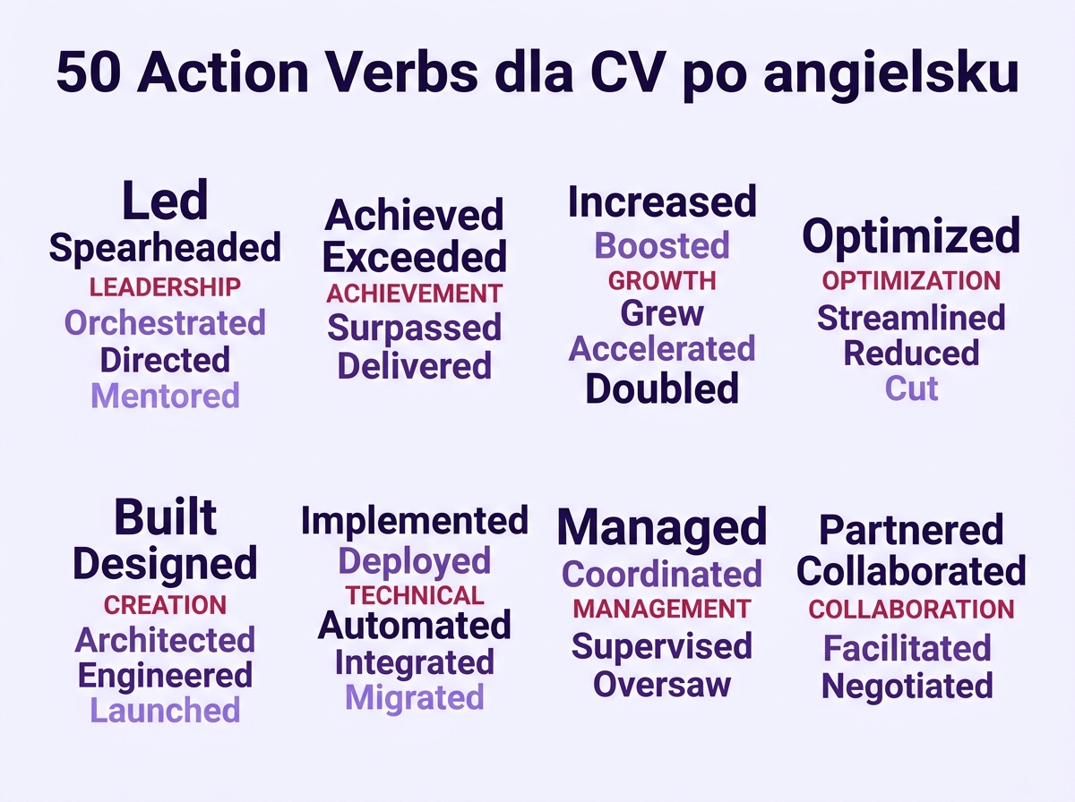50 action verbs dla CV po angielsku — 8 kategorii: leadership, achievement, growth, optimization, creation, technical, management, collaboration