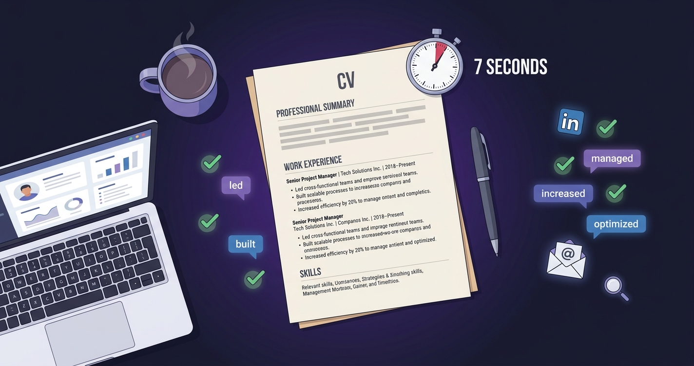 CV po angielsku na biurku rekrutera — stoper 7 sekund symbolizujący pierwszy skan przez HR