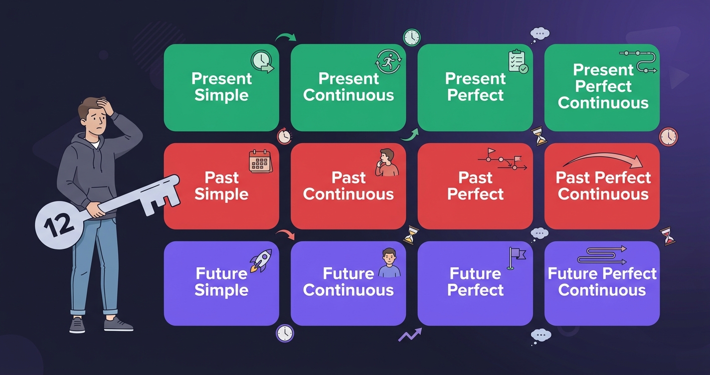 Matryca 3×4 wszystkich 12 czasów angielskich — Present, Past, Future × Simple, Continuous, Perfect, Perfect Continuous
