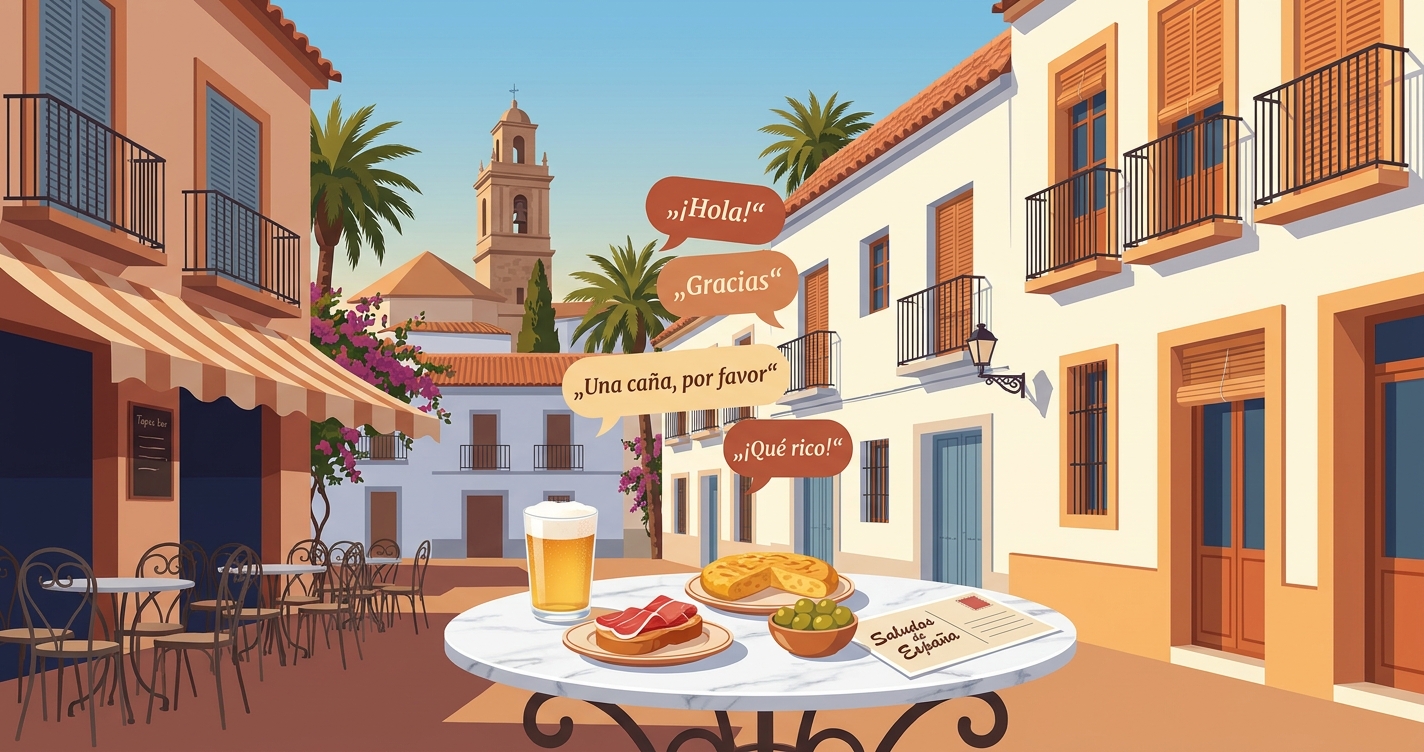 Hiszpańska uliczka z barem tapas, caña i tapas — hiszpański na wakacje