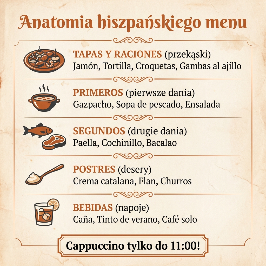 Anatomia hiszpańskiego menu — tapas, primeros, segundos, postres, bebidas