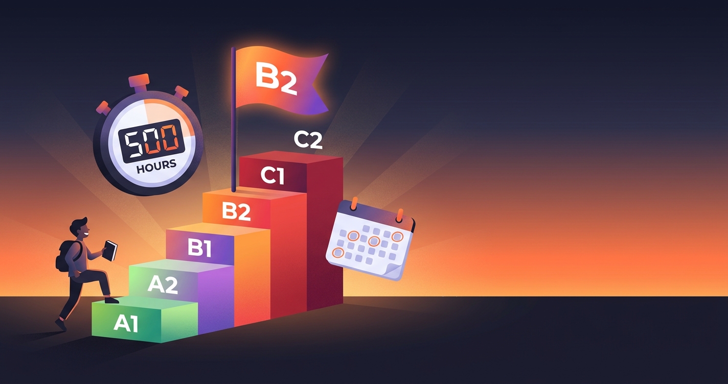Ile czasu nauka angielskiego — schody CEFR A1–C2 z figurką wspinającą się do flagi B2 i stoperem 500 godzin