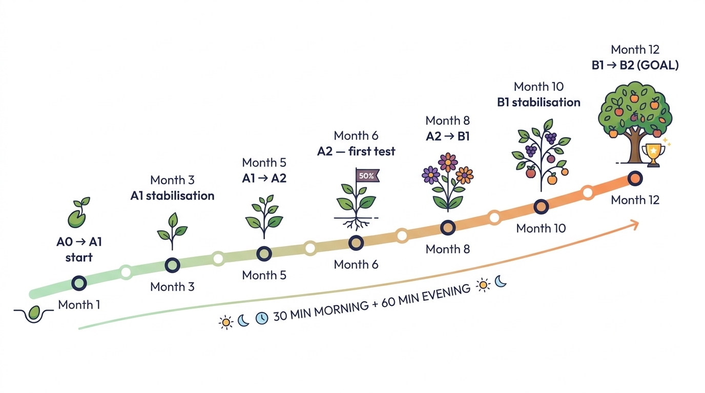 Plan 12 miesięcy od A0 do B2 — oś czasu z kamieniami milowymi: A0→A1 start, A1→A2, A2→B1, B1→B2