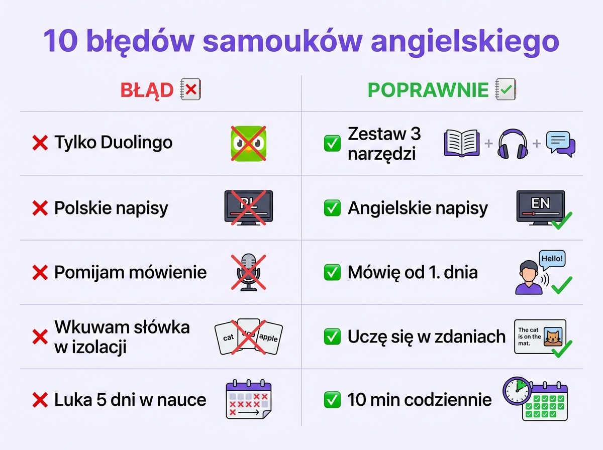 10 najczęstszych błędów samouków angielskiego — tylko Duolingo, polskie napisy, pomijanie mówienia, wkuwanie słówek