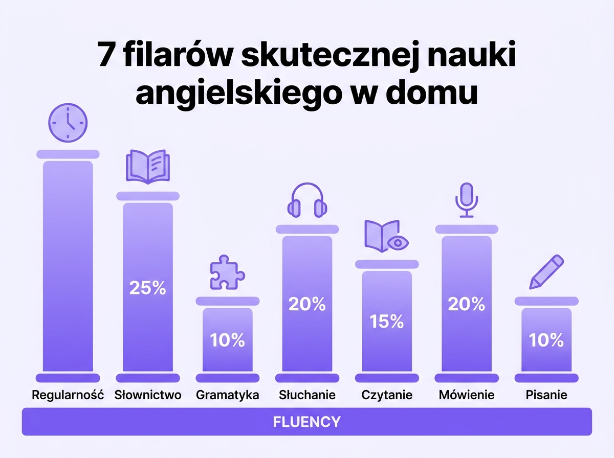 7 filarów skutecznej nauki angielskiego w domu — regularność, słownictwo, gramatyka, słuchanie, czytanie, mówienie, pisanie
