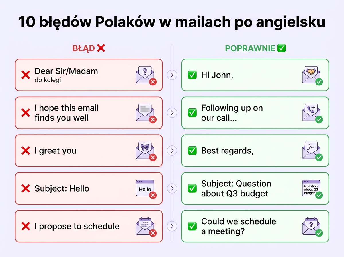 10 błędów Polaków w mailach po angielsku — Dear Sir/Madam do kolegi, I hope this email finds you well, I greet you
