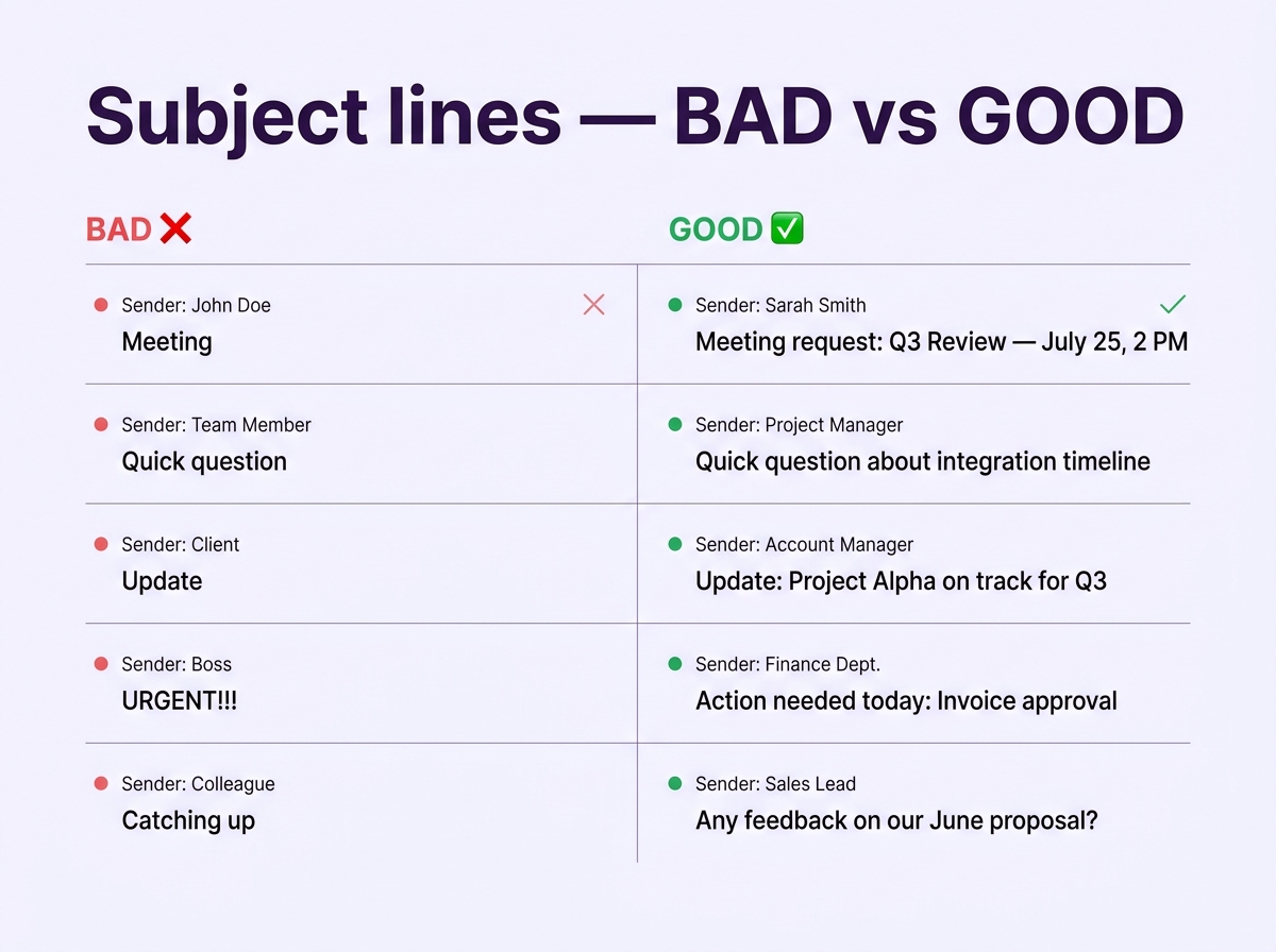 Subject lines — bad vs good przykłady do maili po angielsku