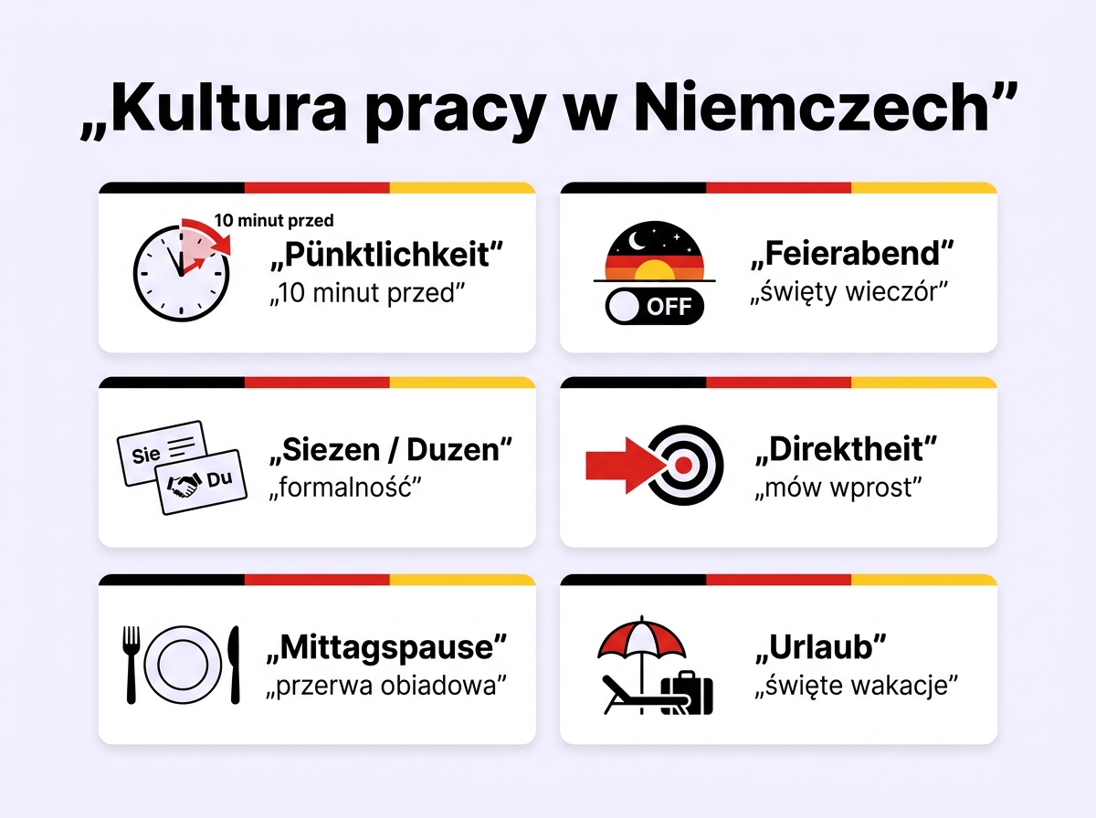Niemiecka kultura pracy — Pünktlichkeit, Feierabend, Siezen, Direktheit, Mittagspause, Urlaub