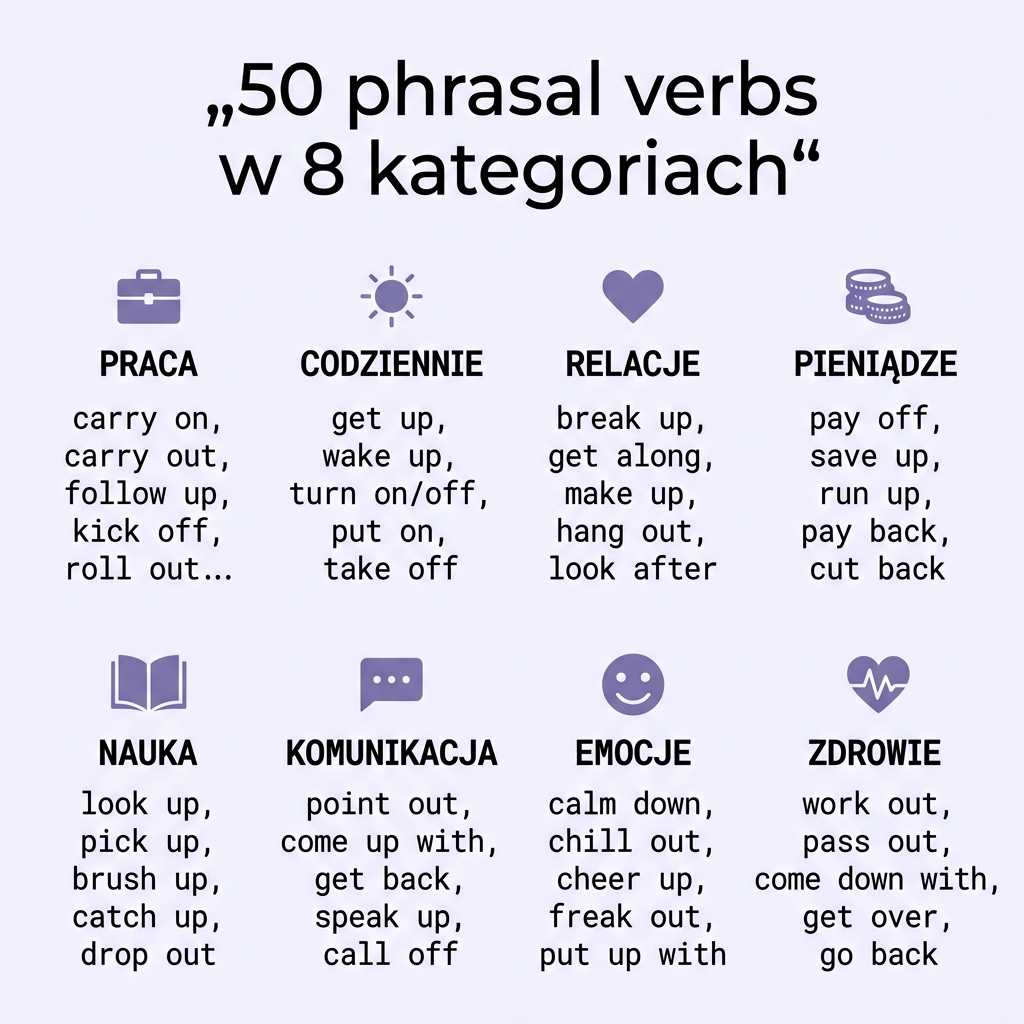 50 phrasal verbs w 8 kategoriach — praca, codziennie, relacje, pieniądze, nauka, komunikacja, emocje, zdrowie
