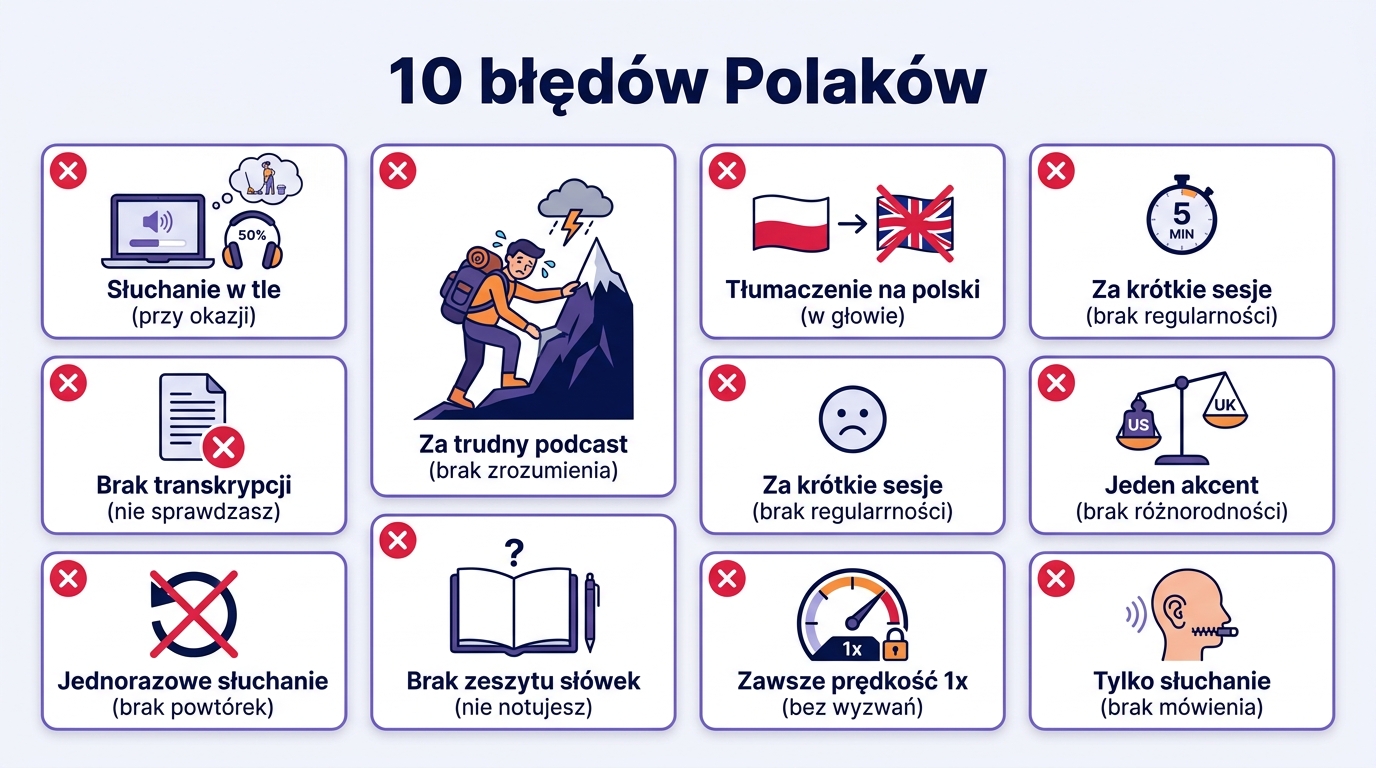 10 błędów Polaków słuchających podcastów — plakat z ikonami: tło, za trudny podcast, brak transkryptu, polskie tłumaczenie, brak mówienia
