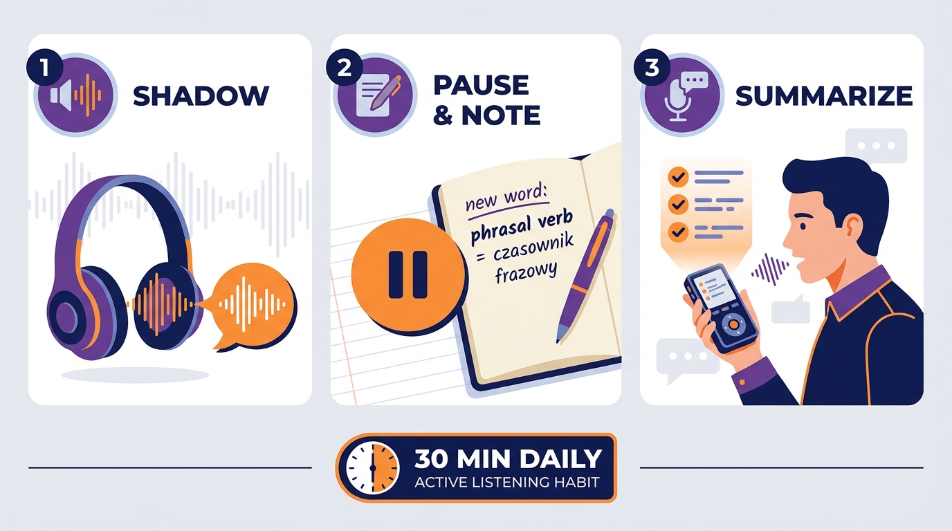 Strategia aktywnego słuchania podcastów — 3 kroki: shadow, pause & note, summarize, minimum 30 min dziennie