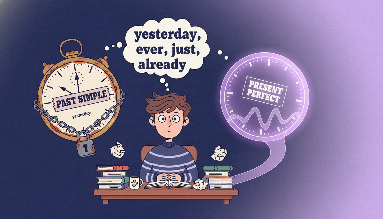 Present Perfect vs Past Simple — zdezorientowany uczeń i dwa zegary symbolizujące oba czasy angielskie