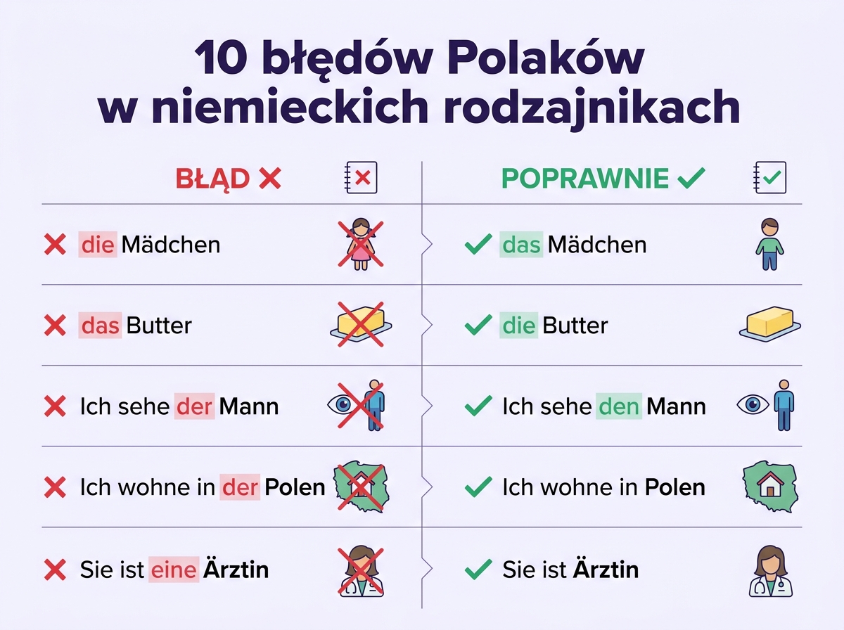 10 najczęstszych błędów Polaków w niemieckich rodzajnikach — die Mädchen, das Butter, Ich sehe der Mann, in der Polen