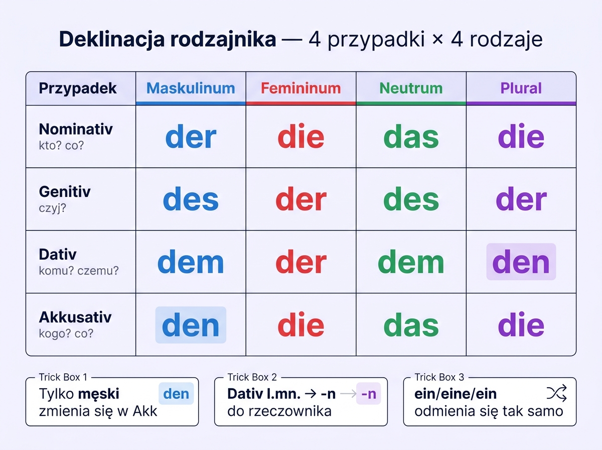 Tabela deklinacji niemieckiego rodzajnika przez 4 przypadki — Nominativ, Genitiv, Dativ, Akkusativ × Maskulinum, Femininum, Neutrum, Plural