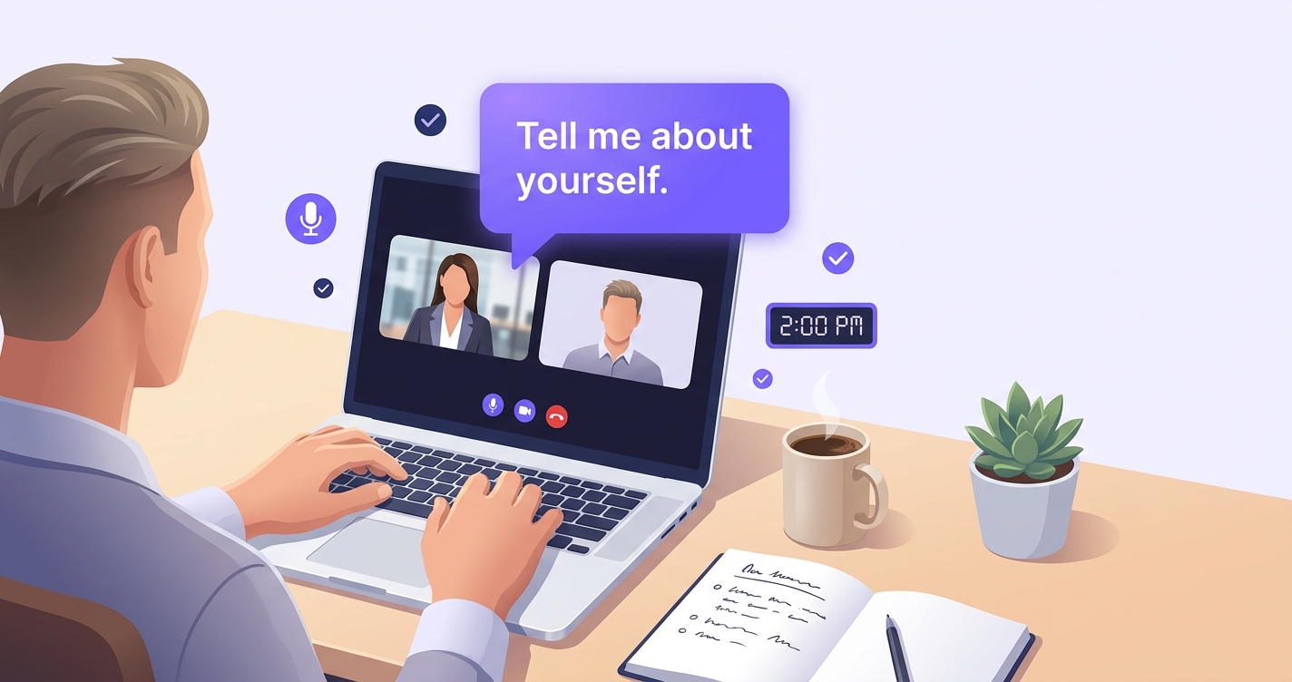 Rozmowa kwalifikacyjna po angielsku — kandydat przy video-callu z pytaniem Tell me about yourself