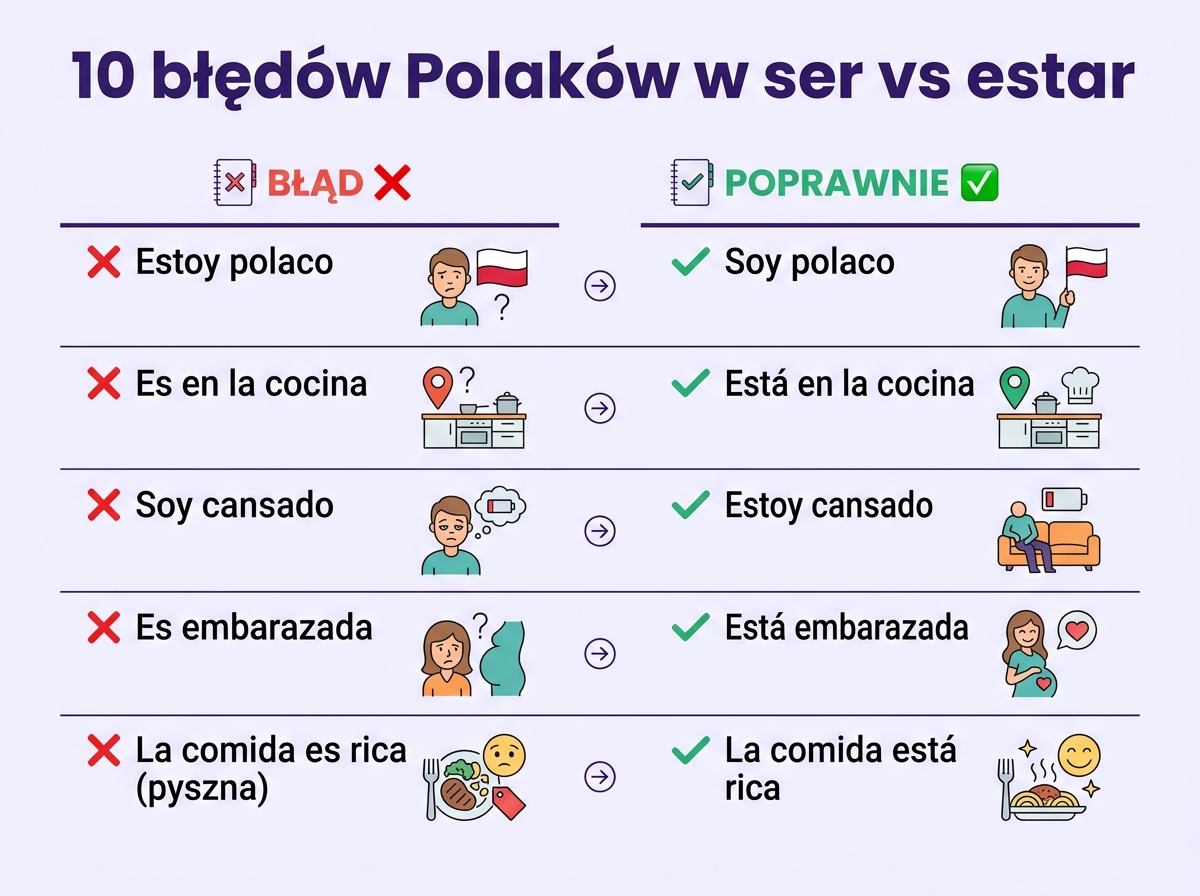 10 najczęstszych błędów Polaków w ser vs estar — Estoy polaco, Soy cansado, Es en la cocina, La comida es rica