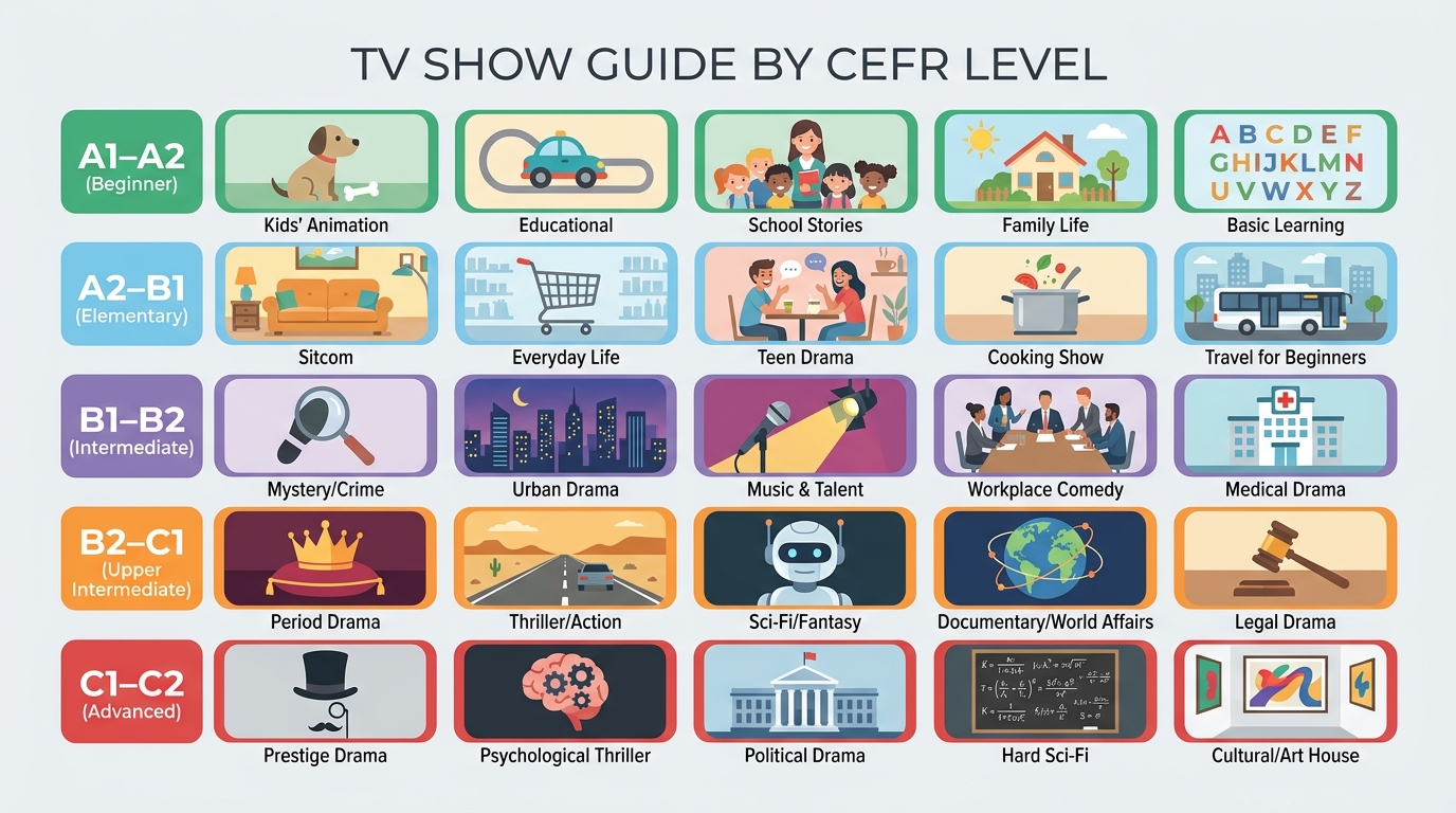 25 seriali do nauki angielskiego w 5 poziomach CEFR: A1–A2, A2–B1, B1–B2, B2–C1, C1–C2