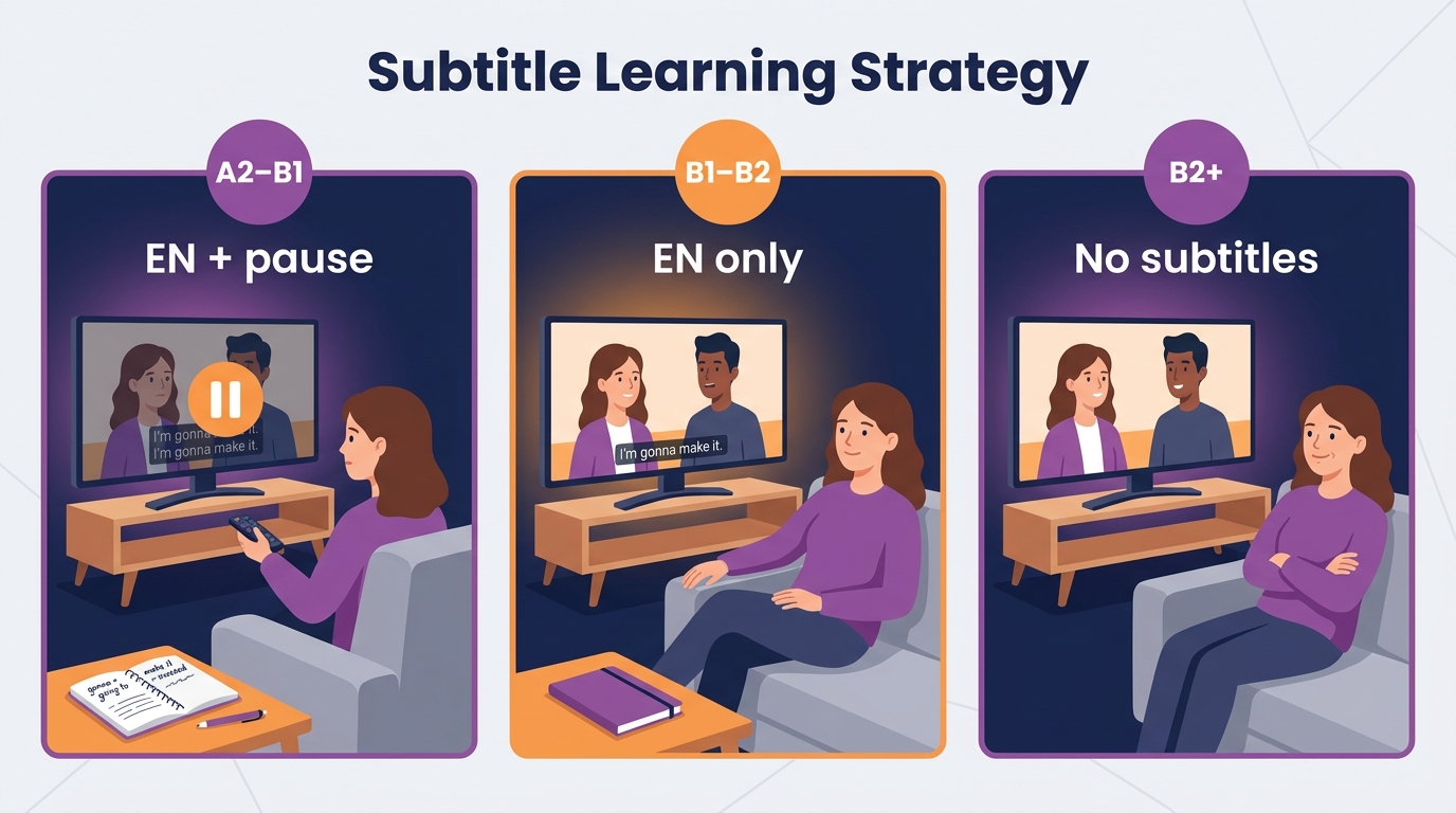 Strategia napisów w 3 etapach: EN + pauza (A2–B1), EN bez pauzy (B1–B2), bez napisów (B2+)