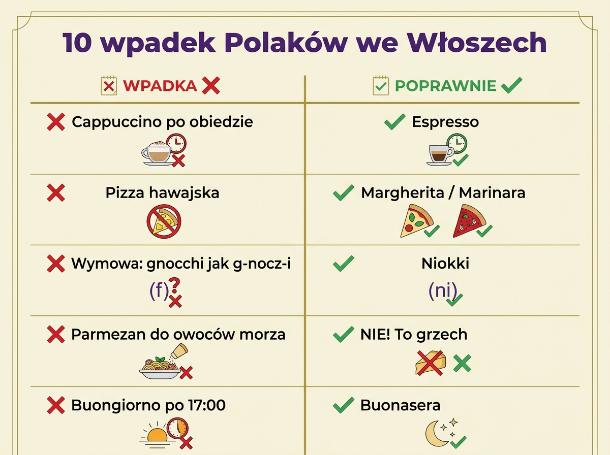 10 wpadek Polaków we Włoszech — cappuccino po obiedzie, pizza hawajska, wymowa gnocchi, parmezan do ryb, buongiorno po 17