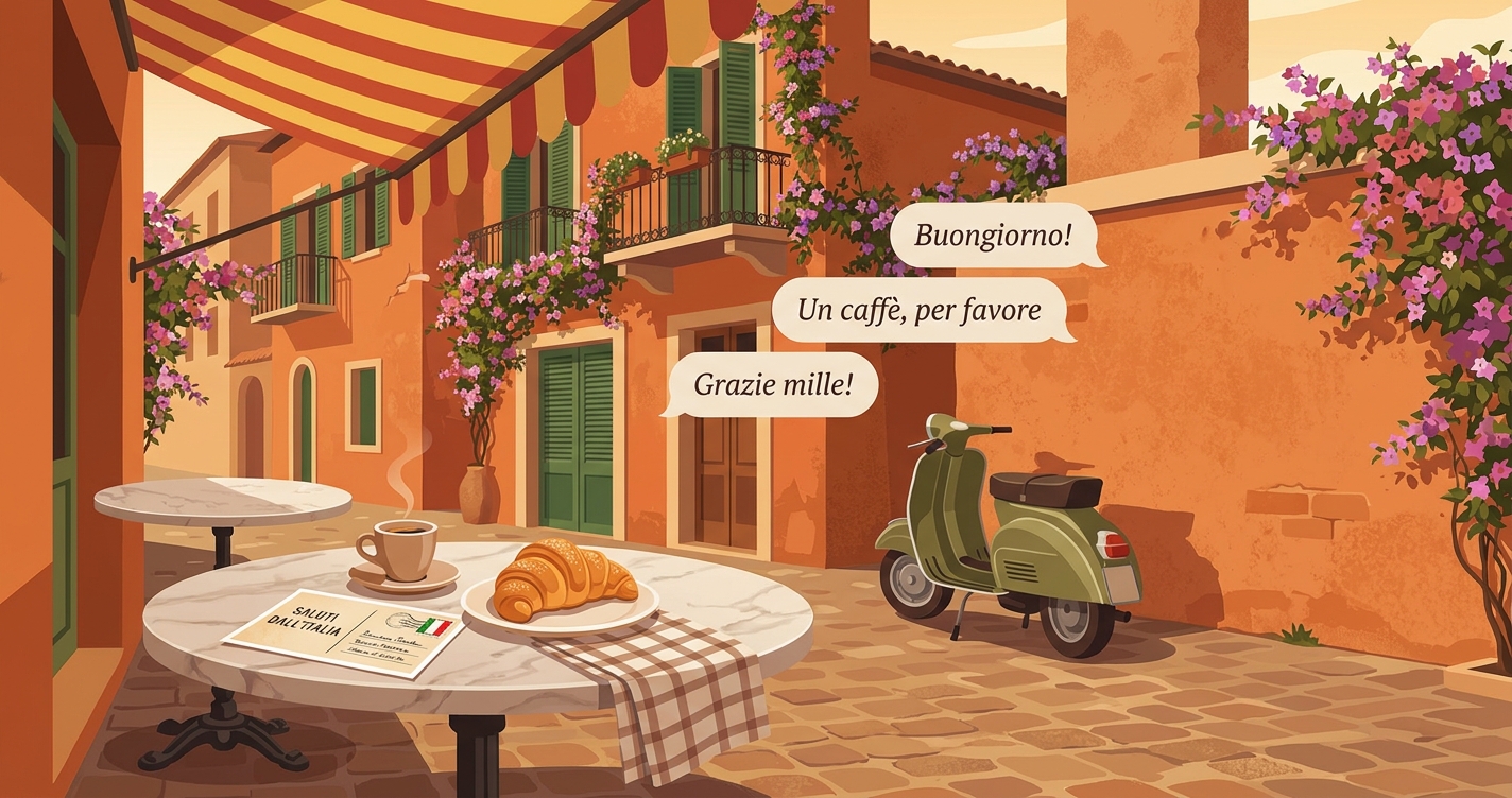 Włoska kawiarnia uliczna z espresso i cornetto — Buongiorno, Un caffè per favore, Grazie mille